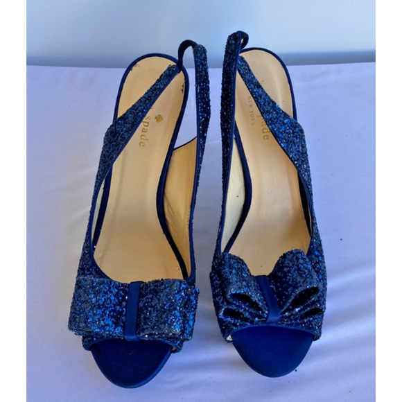 Shies Heels Kate Spade NY Charm Navy Blue Glitter Sling Back 6 B - Picture 1 of 10